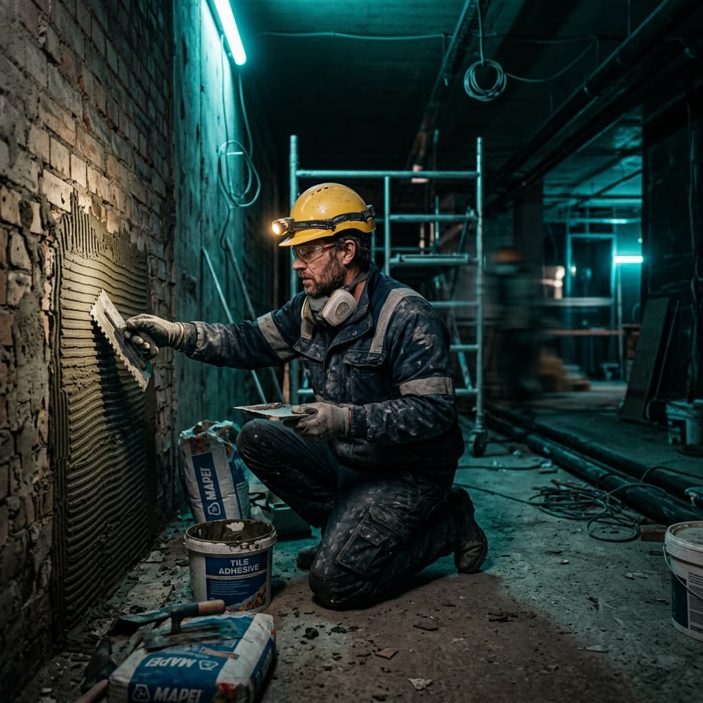 Professional construction worker applying L-Bond tile adhesive